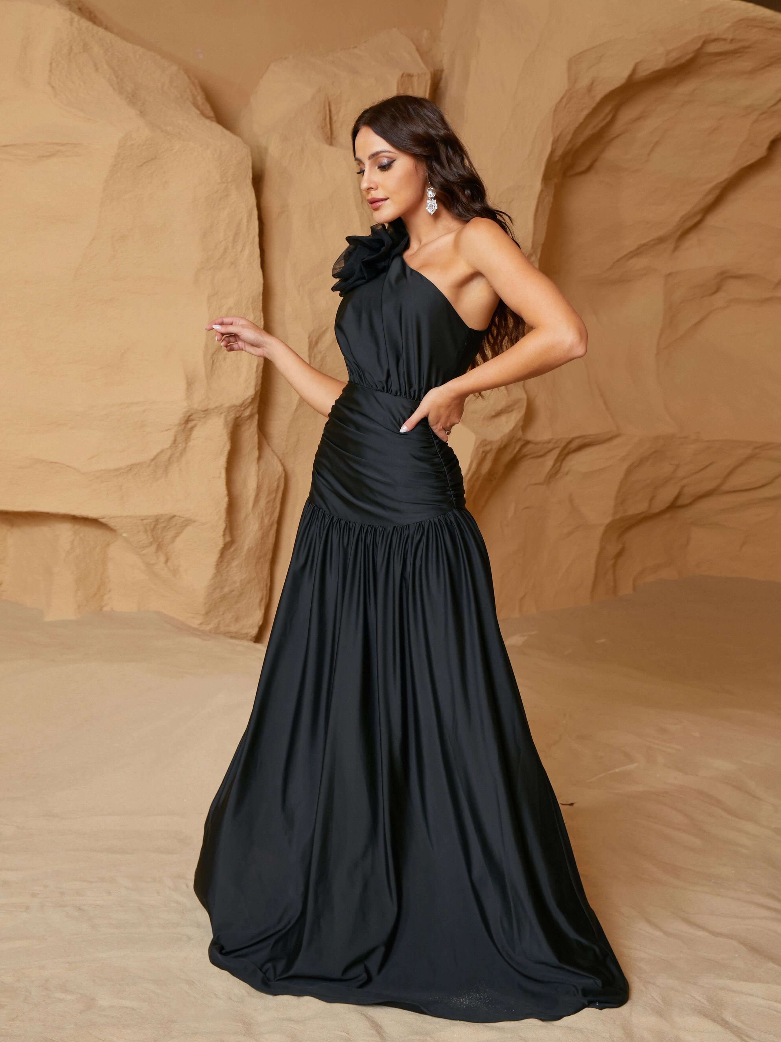 One Shoulder Appliqued Pleated Cutout Prom Dress RJ11073