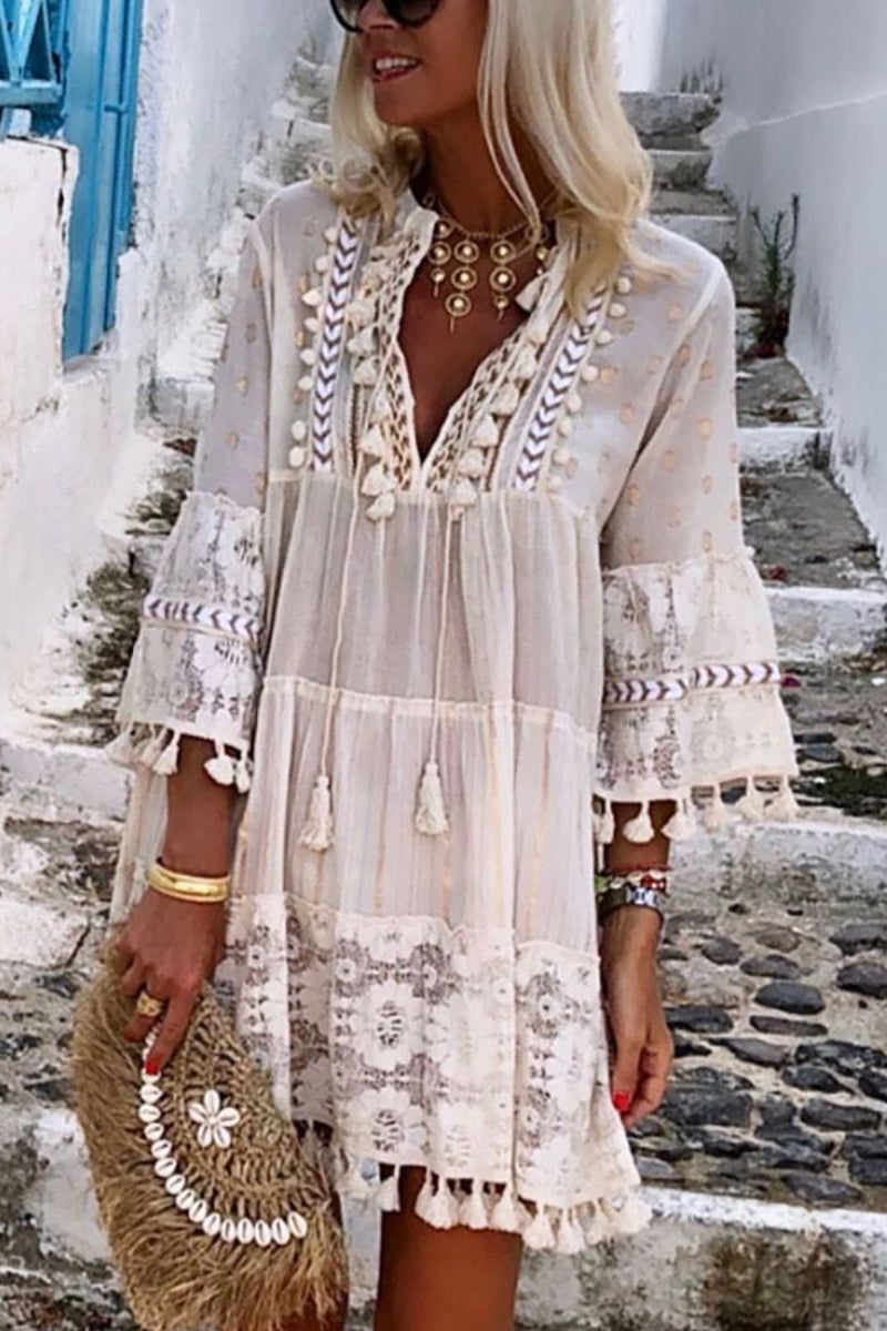 Boho Tassels V Neck Seven Sleeve Dress - Fashionpara