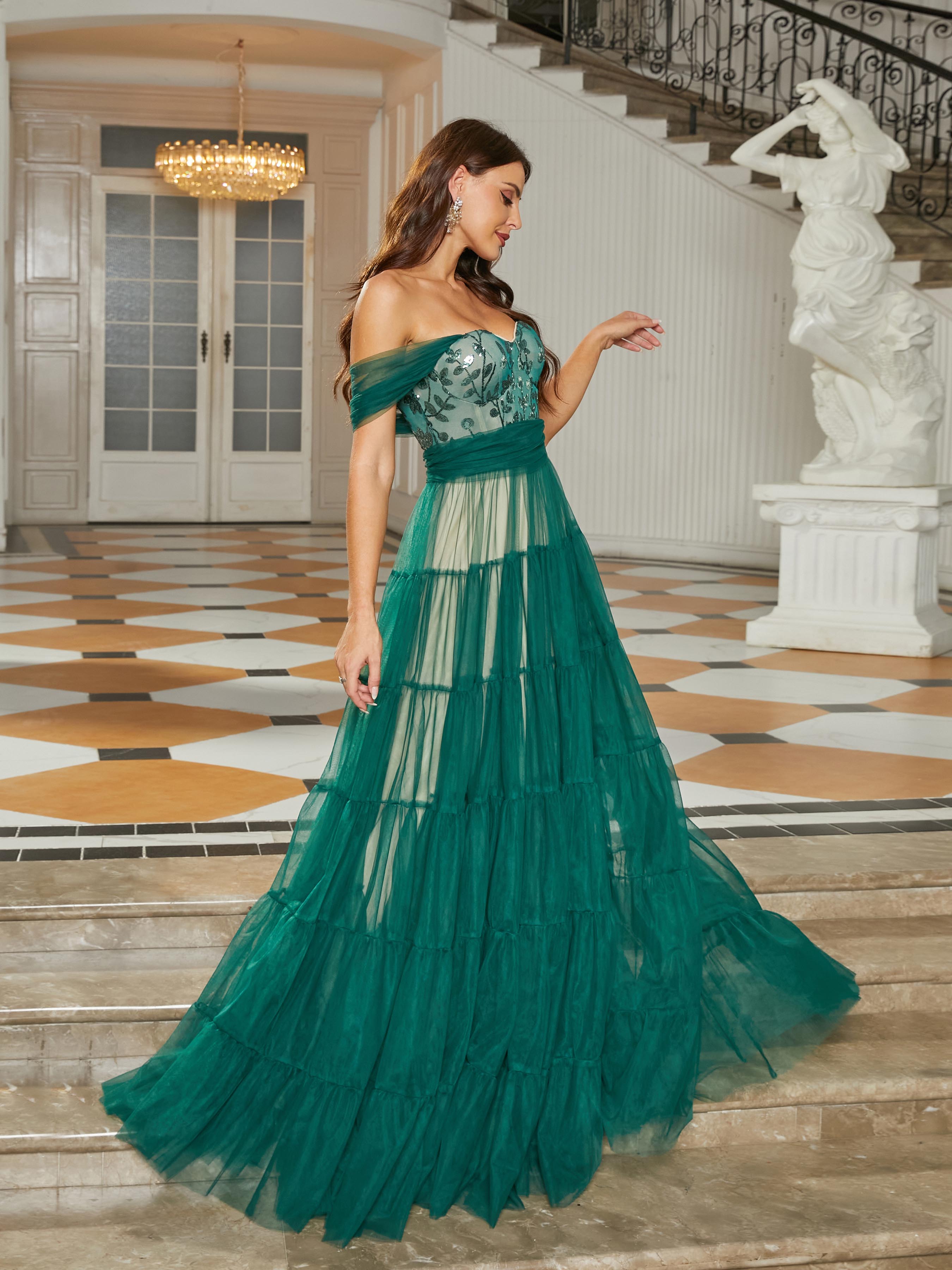 Formal Off Shoulder Tulle A-Line Green Prom Dress RM20843