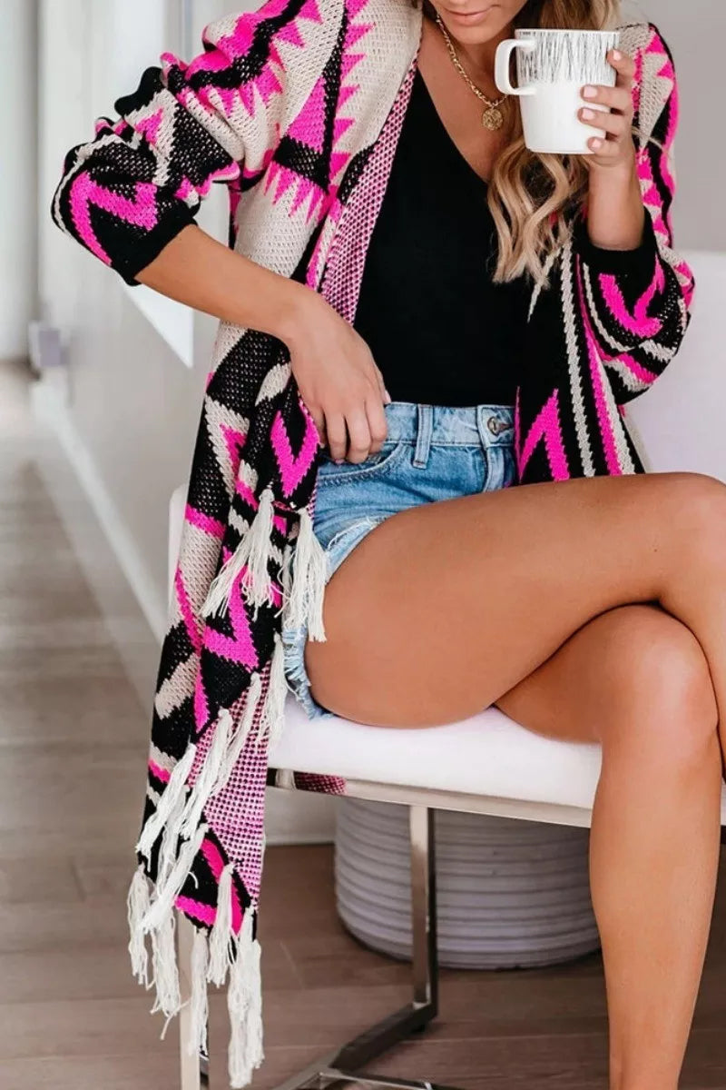 Geometric Print Tassel Design Cardigan