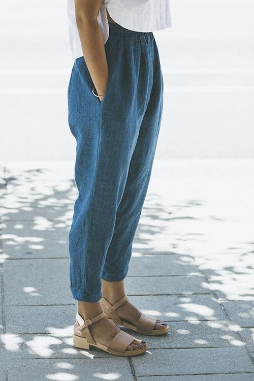 Linen Pockets Elastic Waist Pants - Fashionpara