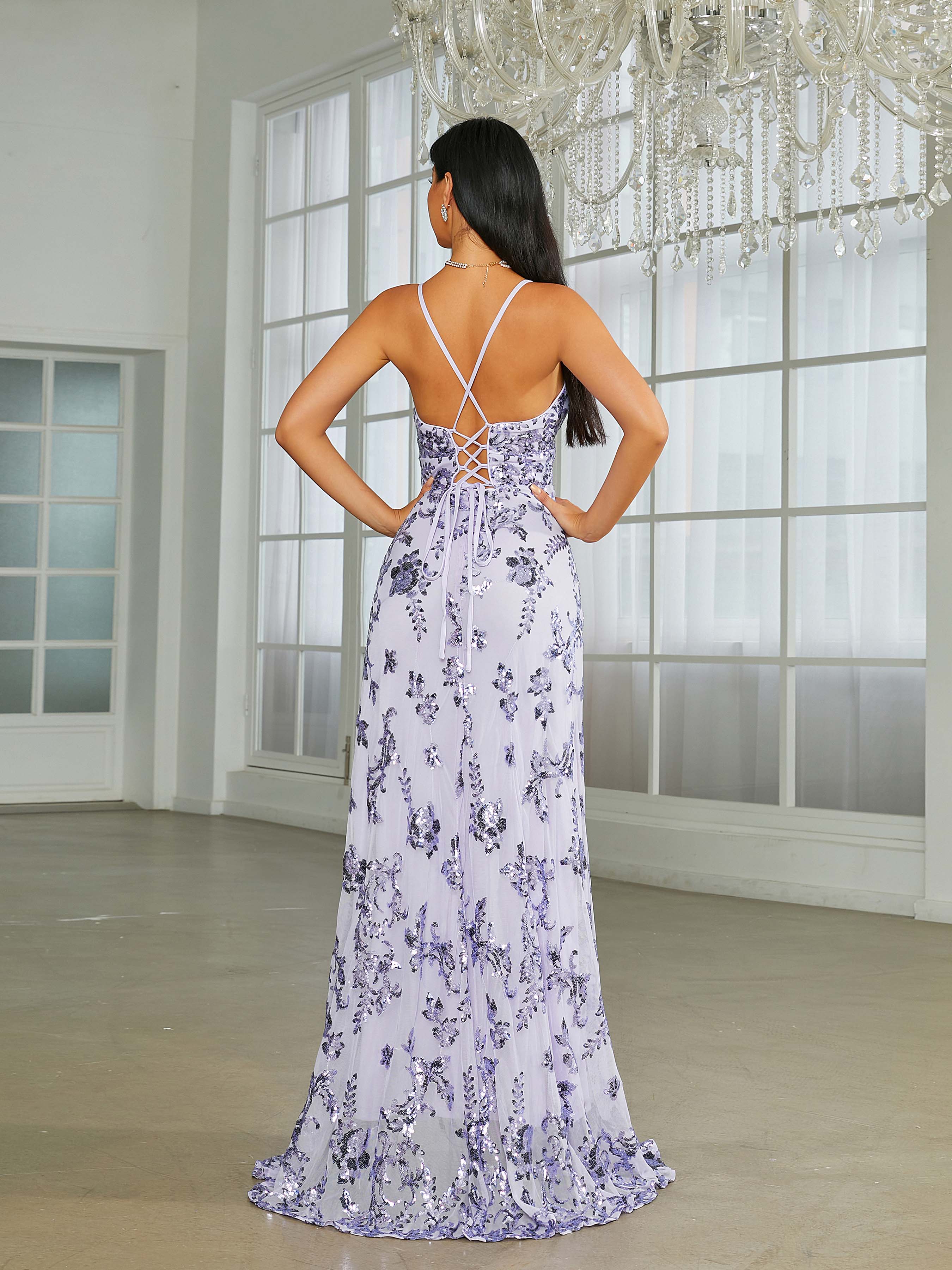 Sleeveless Deep V-Neck Floral Sequin Prom Dress RA60020