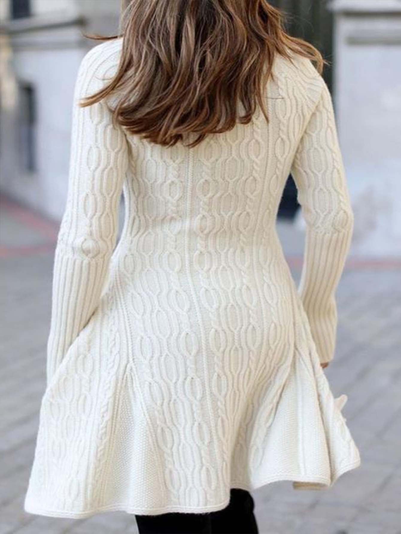 Solid Cable-knit Turtleneck Casual Long Sweater Dress