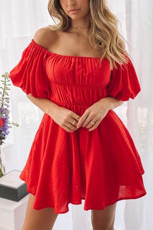 Off Shoulder Puff Sleeve Mini Dress - Fashionpara