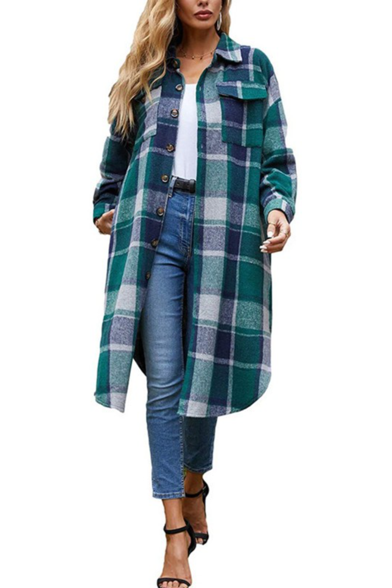 Lapel Plaid Slit Long Woolen Coat