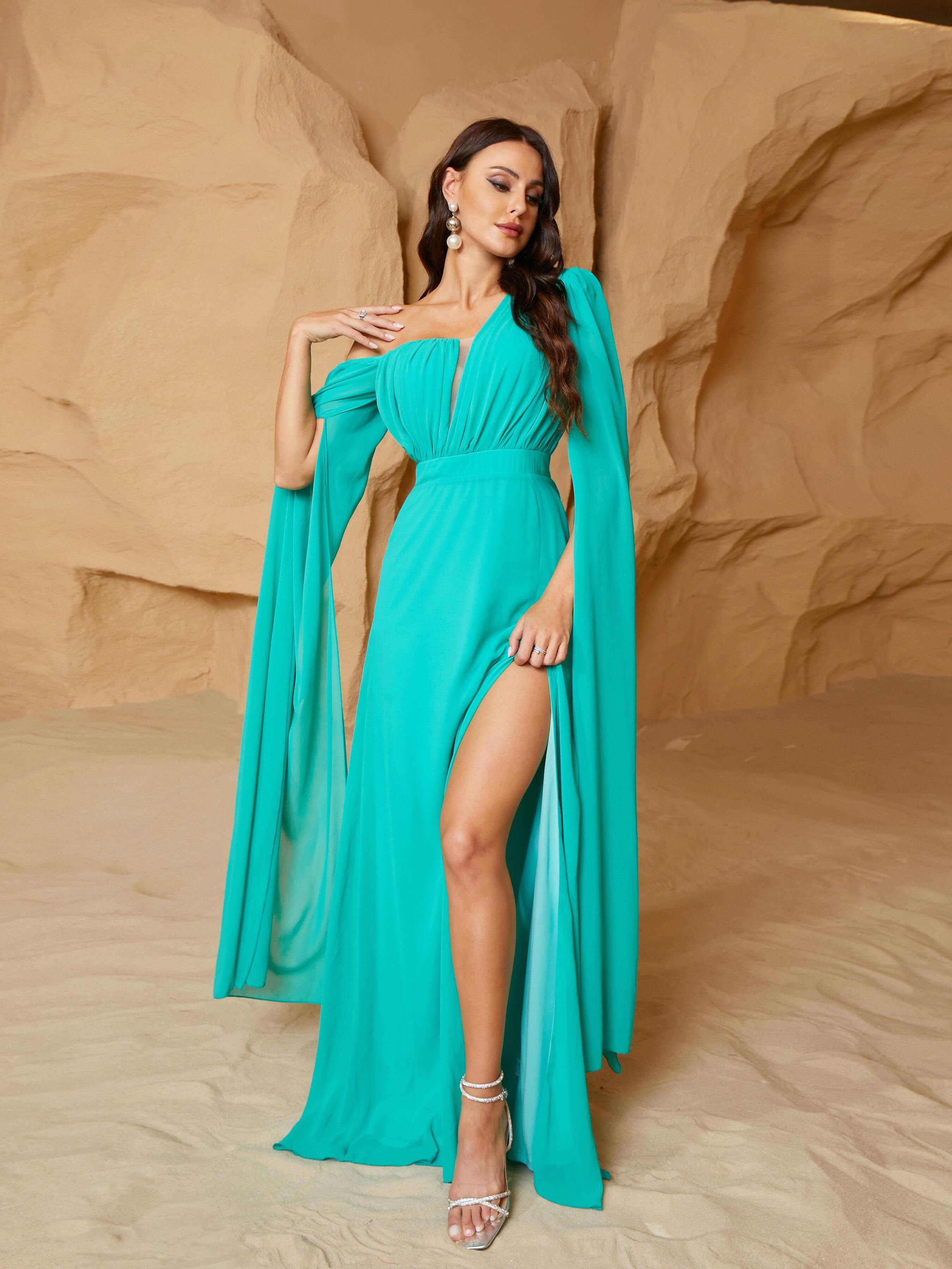 One Shoulder Hign Splite Green Prom Dress RM20801