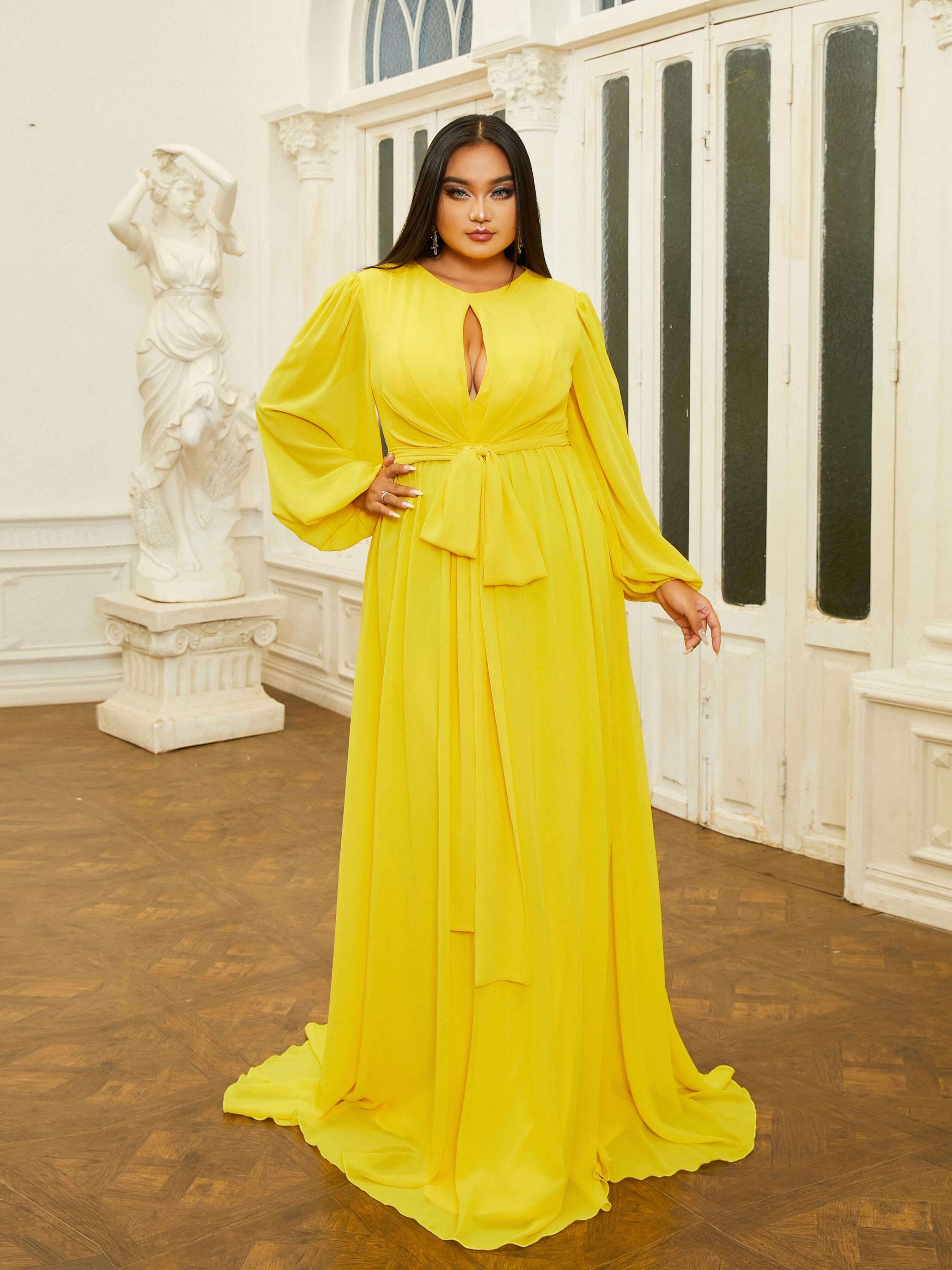 Plus Size Cutout Belt Ballon Sleeve Prom Dress PRJ10965