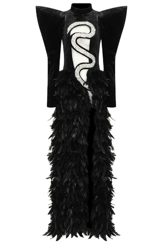 Diva Sharp Sleeve Rhinestone Cutout Faux Feather Split Evening Maxi Dress - Black - Fashionpara