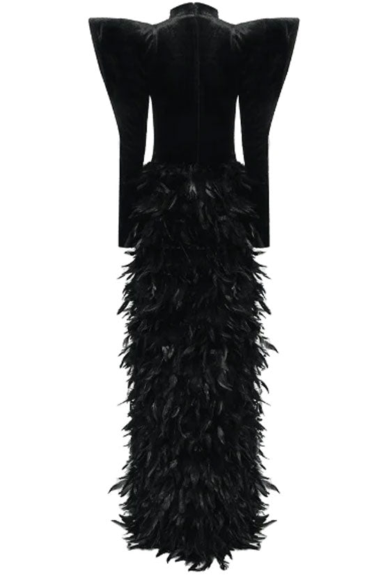 Diva Sharp Sleeve Rhinestone Cutout Faux Feather Split Evening Maxi Dress - Black - Fashionpara