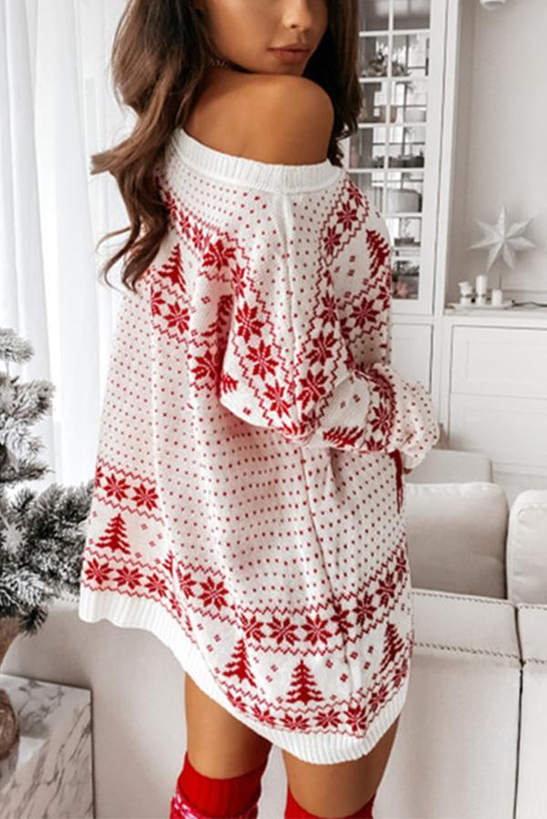 Christmas Print Dew Shoulder Sweater Dress - Fashionpara