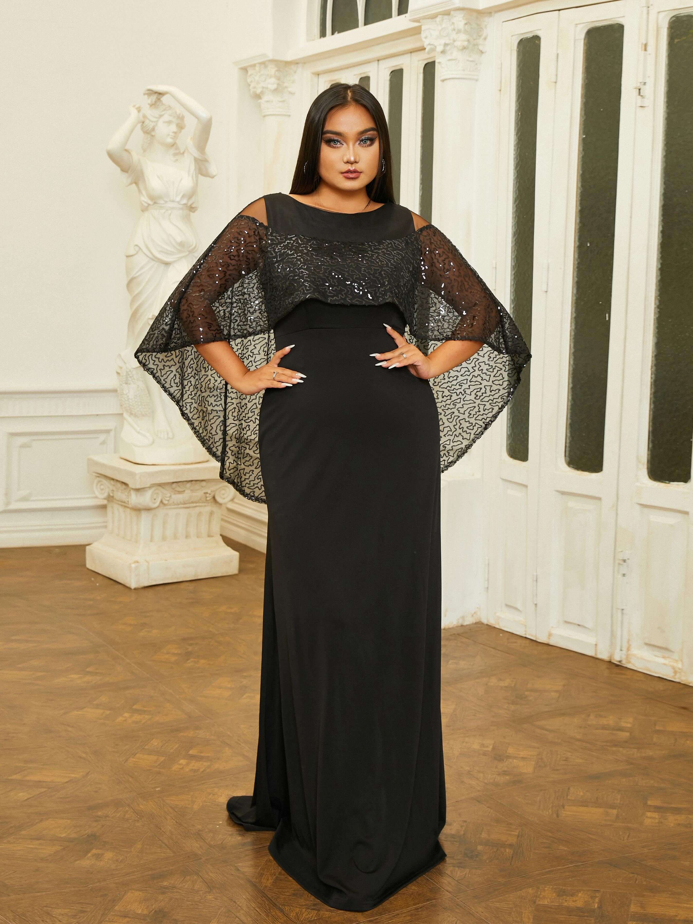 Plus Size Cape Sleeve Backless Sequin Prom Dress PRM20808