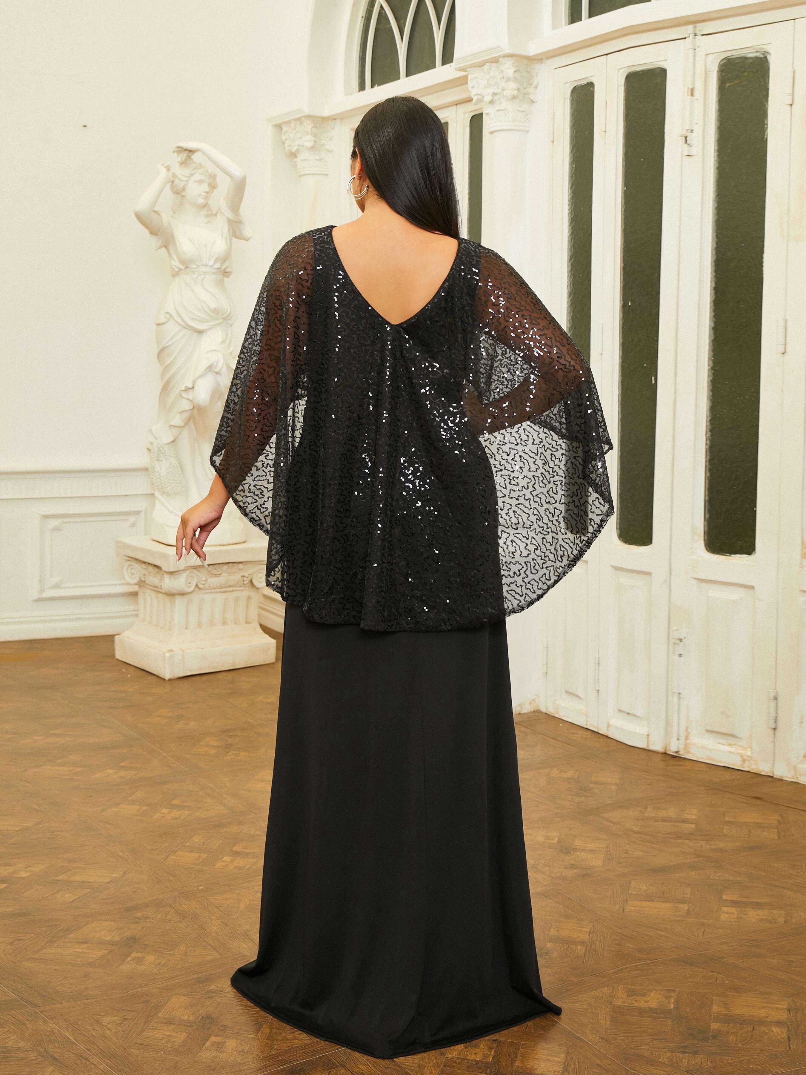 Plus Size Cape Sleeve Backless Sequin Prom Dress PRM20808