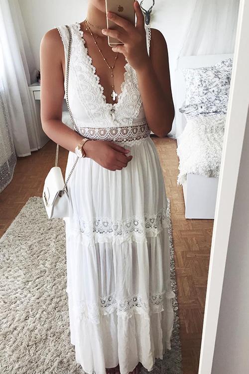 Lace V Neck Sleeveless Maxi Dress - Fashionpara