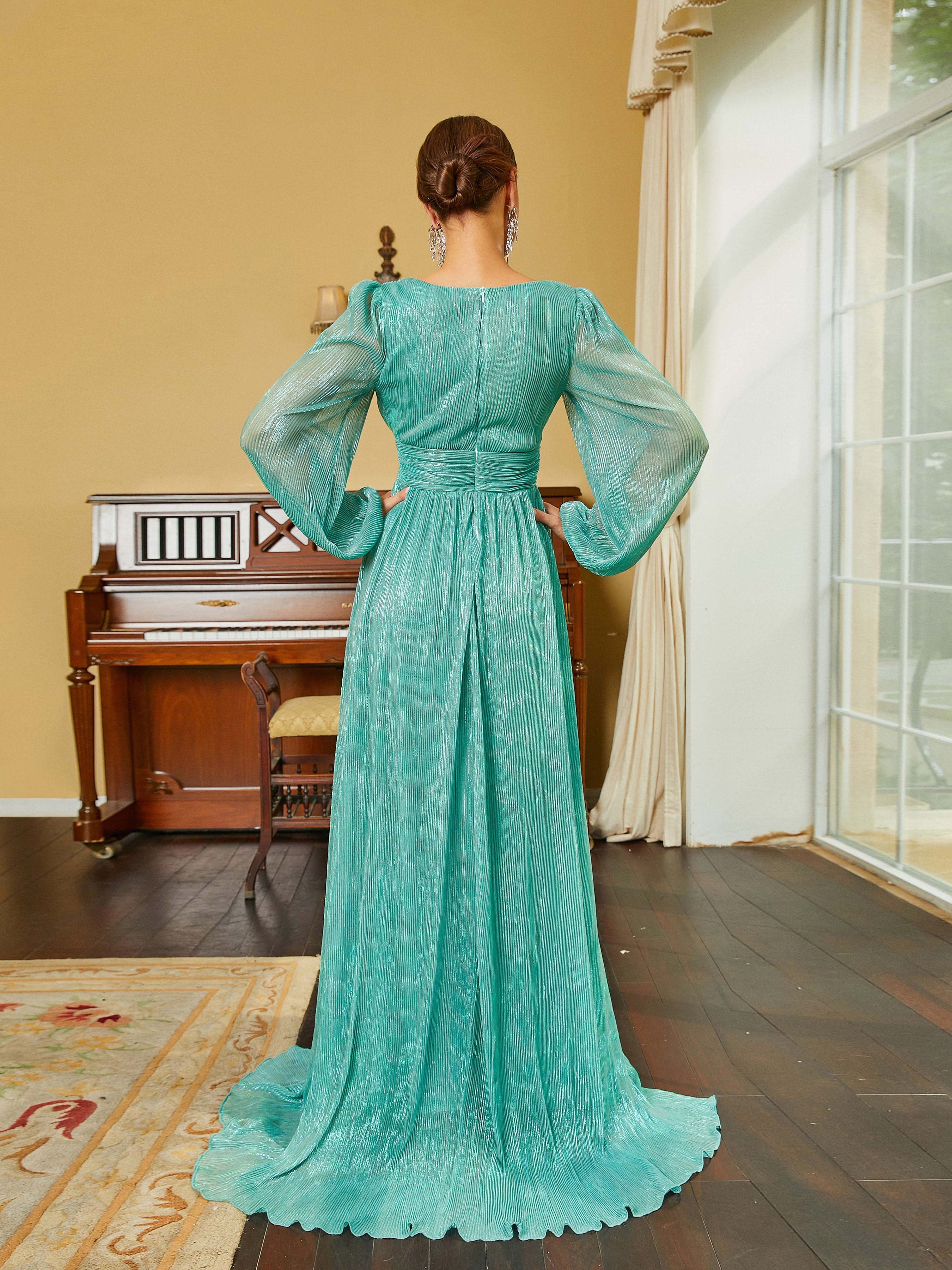 Deep V-Neck A-Line Maxi Green Prom Dress RJ10279