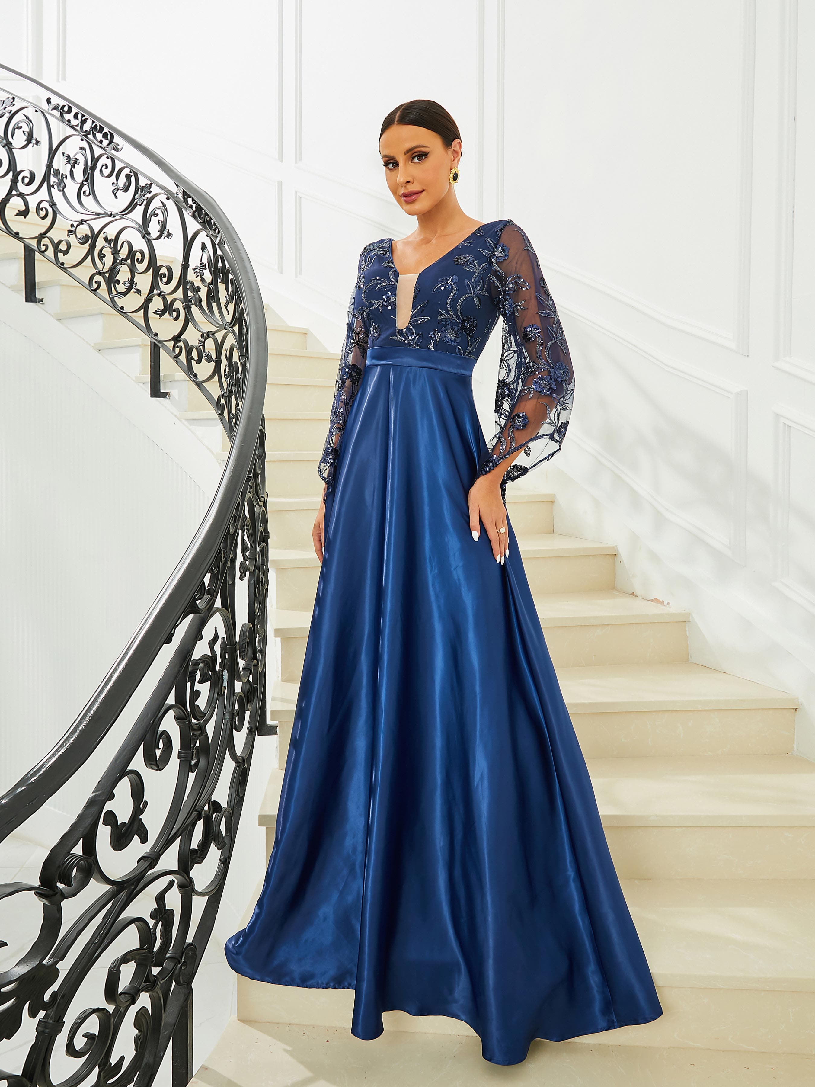 Formal A-Line Bell Sleeve Satin Blue Prom Dress RJ10439