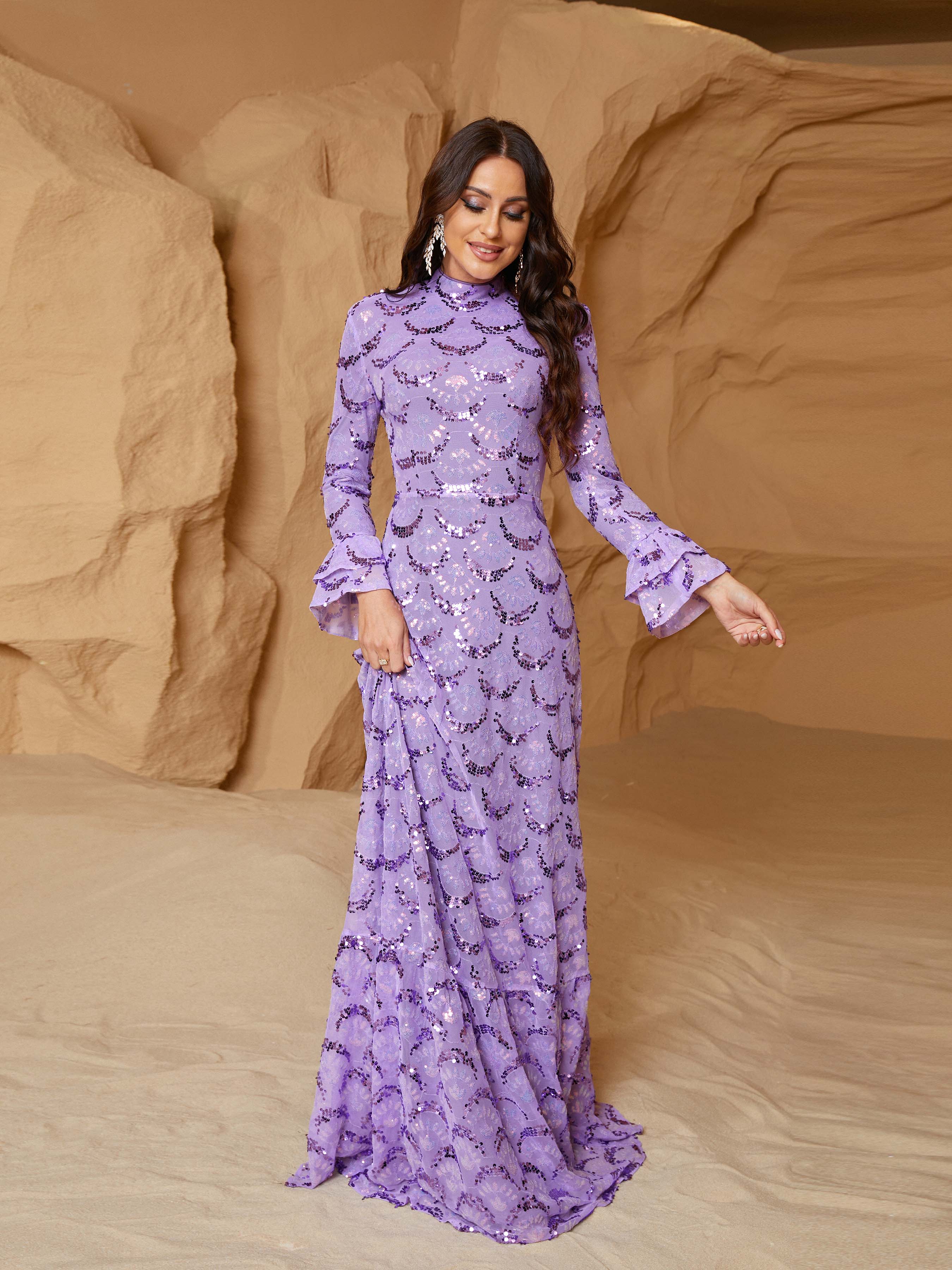 Bell Sleeve A-Line Sequin Purple Formal Dress RJ11091