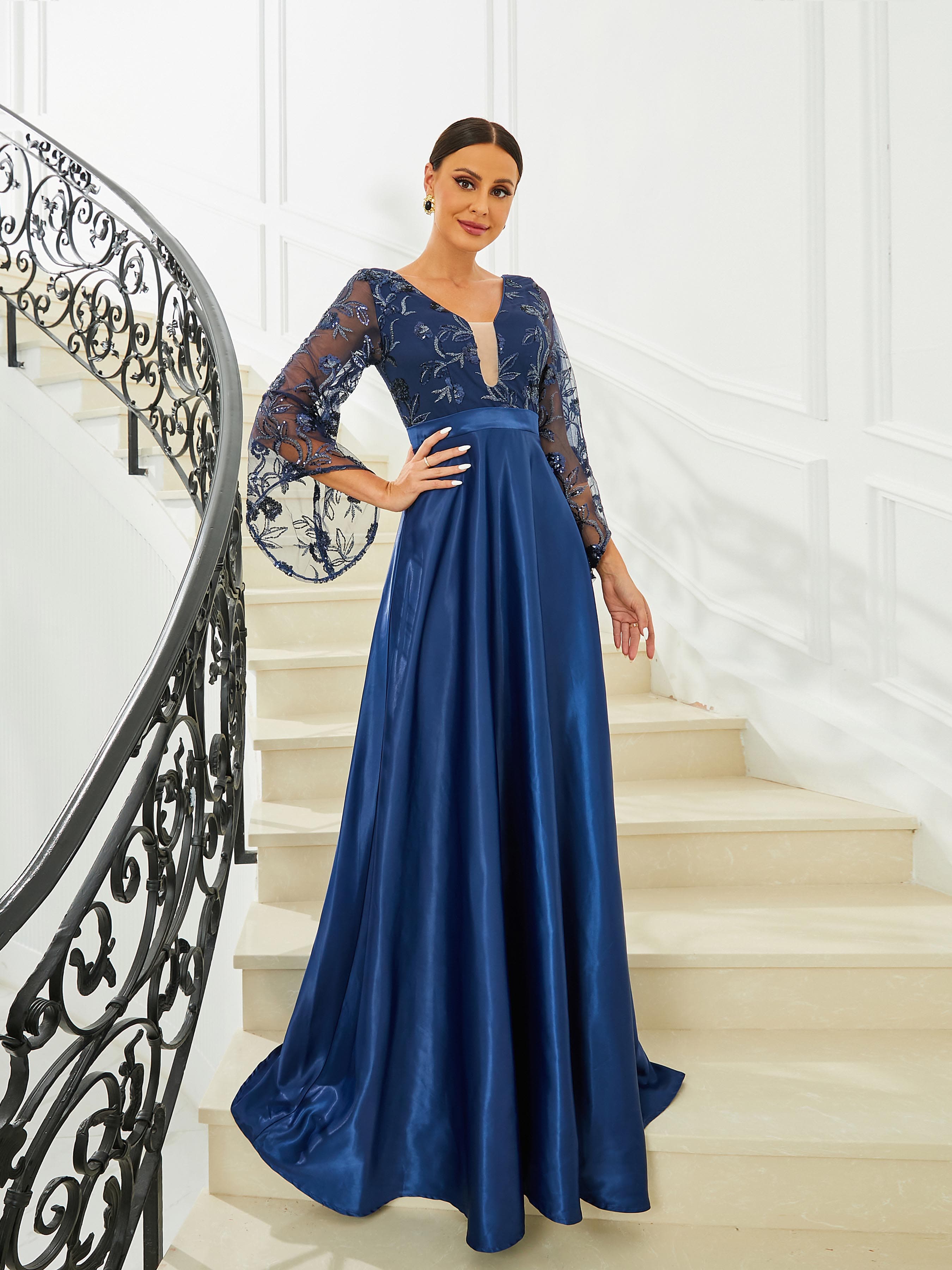 Formal A-Line Bell Sleeve Satin Blue Prom Dress RJ10439