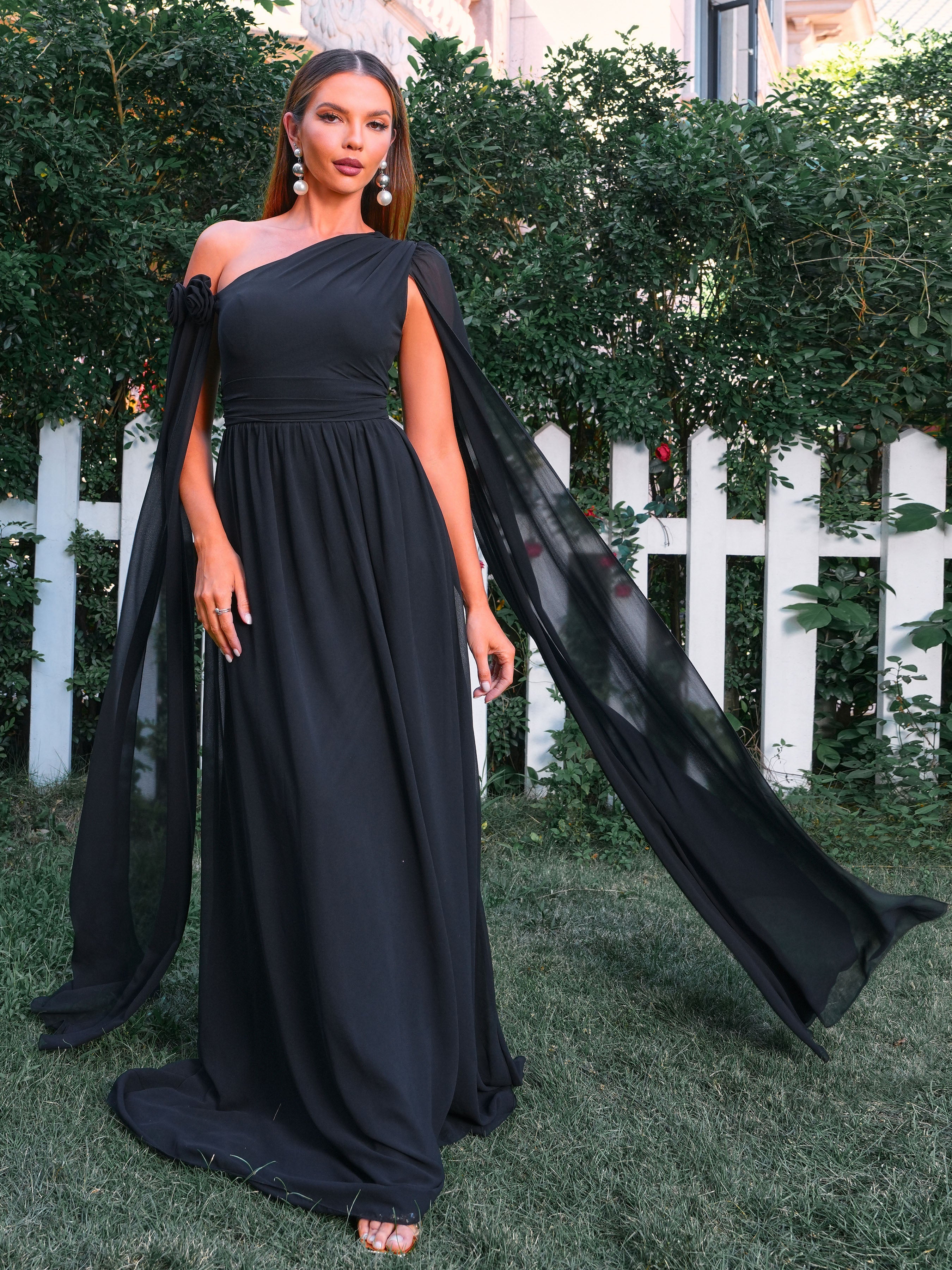 Draped Sleeves A-Line Chiffon Black Prom Dress RM20987