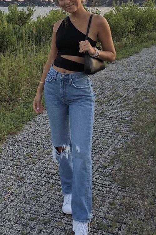 Broken Hole Straight Leg Jeans - Fashionpara