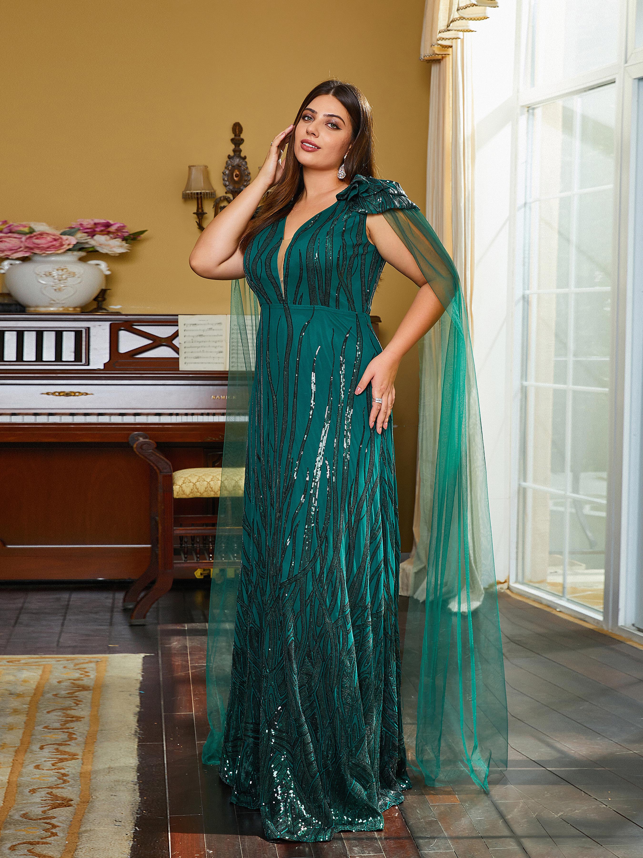 Plus Size V-Neck Backless Ribbon A-line Evening Dress PJMT1086