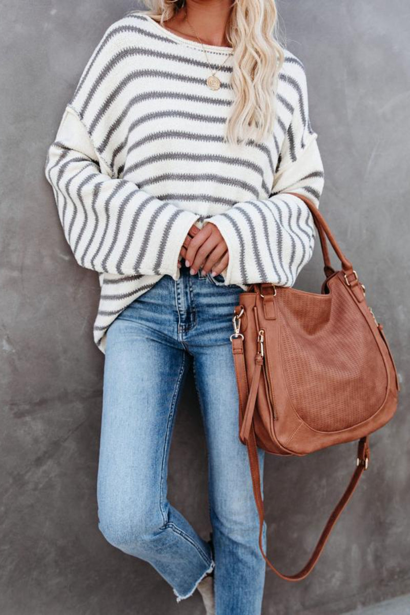 O Neck Striped Loose White Sweater