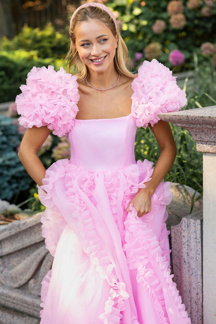 Fairy Square Neck Tiered Ruffle Puff Sleeve Organza Gown Maxi Dress - Pink - Fashionpara