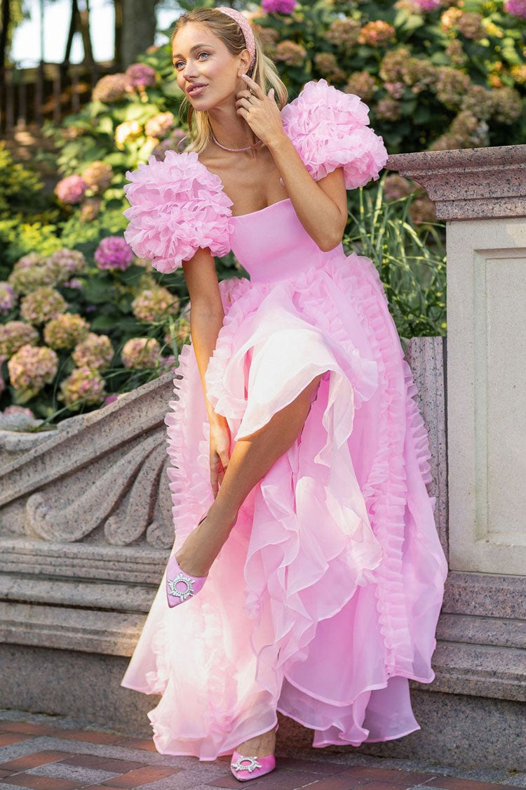 Fairy Square Neck Tiered Ruffle Puff Sleeve Organza Gown Maxi Dress - Pink