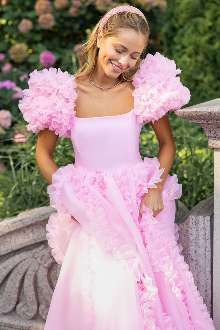 Fairy Square Neck Tiered Ruffle Puff Sleeve Organza Gown Maxi Dress - Pink