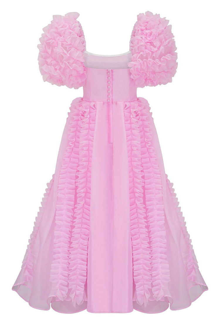 Fairy Square Neck Tiered Ruffle Puff Sleeve Organza Gown Maxi Dress - Pink