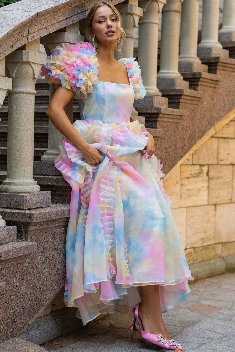 Fairy Square Neck Tiered Ruffle Rainbow Floral Organza Gown Maxi Dress - Blue - Fashionpara