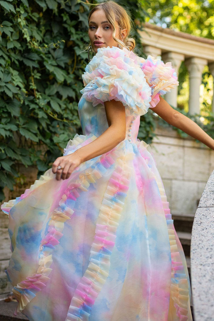 Fairy Square Neck Tiered Ruffle Rainbow Floral Organza Gown Maxi Dress - Blue