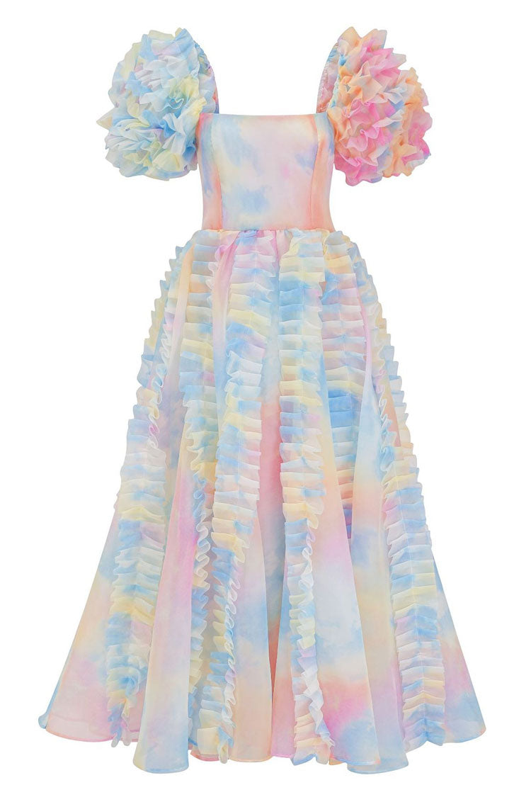 Fairy Square Neck Tiered Ruffle Rainbow Floral Organza Gown Maxi Dress - Blue