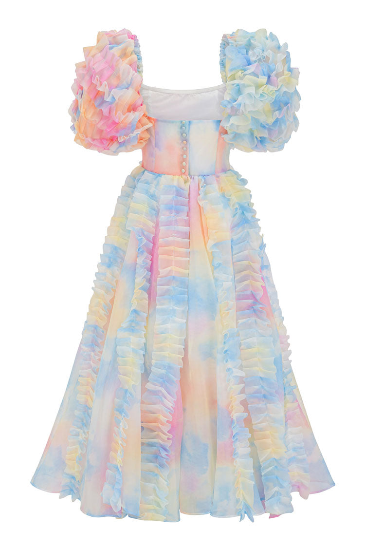 Fairy Square Neck Tiered Ruffle Rainbow Floral Organza Gown Maxi Dress - Blue