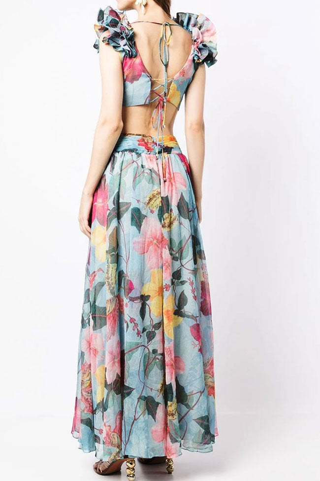 Fairytale Ruffle Trim Deep V Cutout Tie Backless Floral Prom Maxi Dress - Blue - Fashionpara