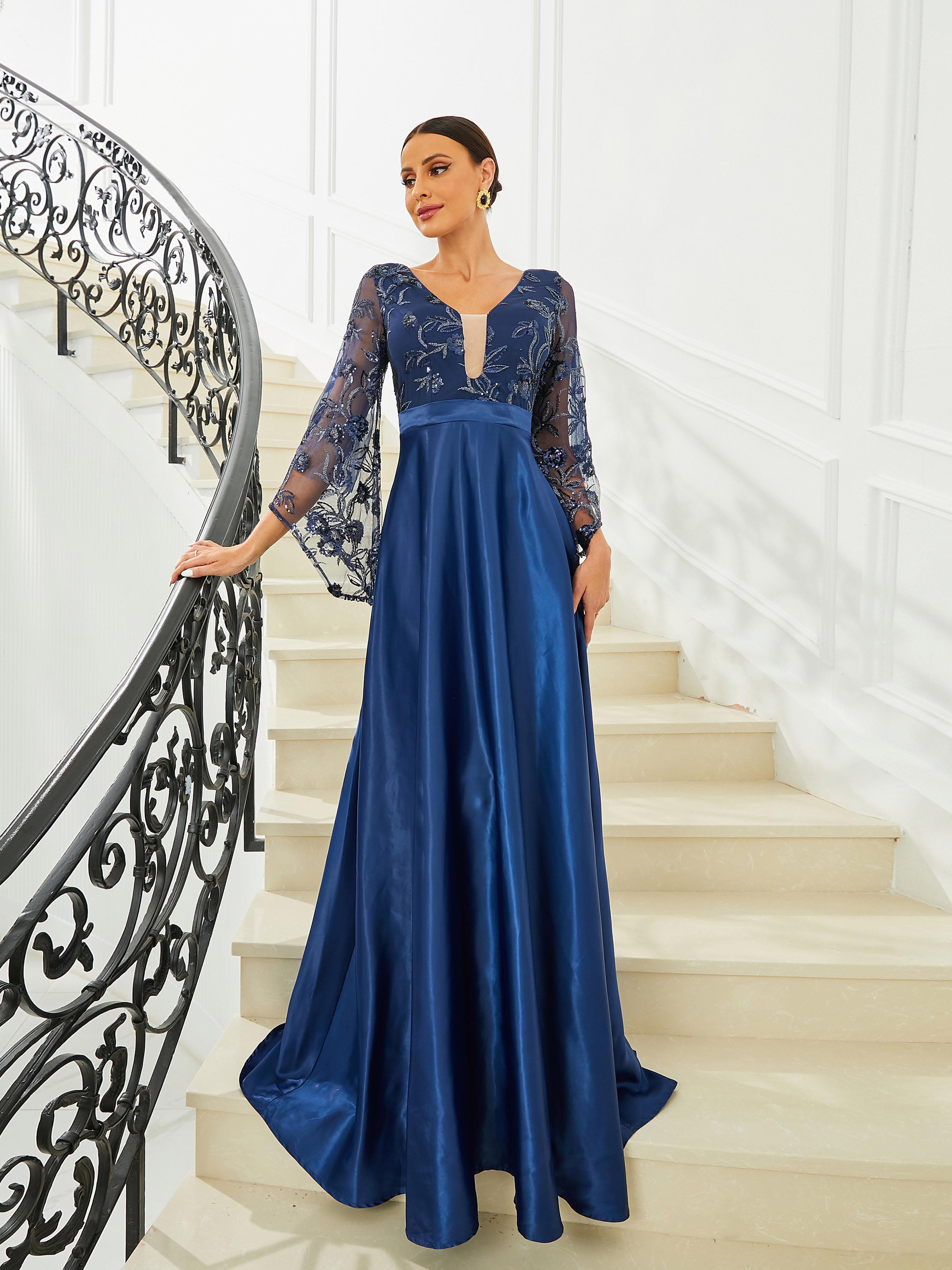 Formal A-Line Bell Sleeve Satin Blue Prom Dress RJ10439