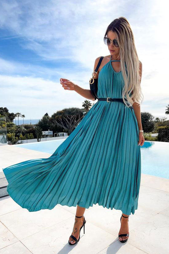 Flowy Halter Smocked Waist A Line Chiffon Pleated Maxi Dress - Azure Blue - Fashionpara