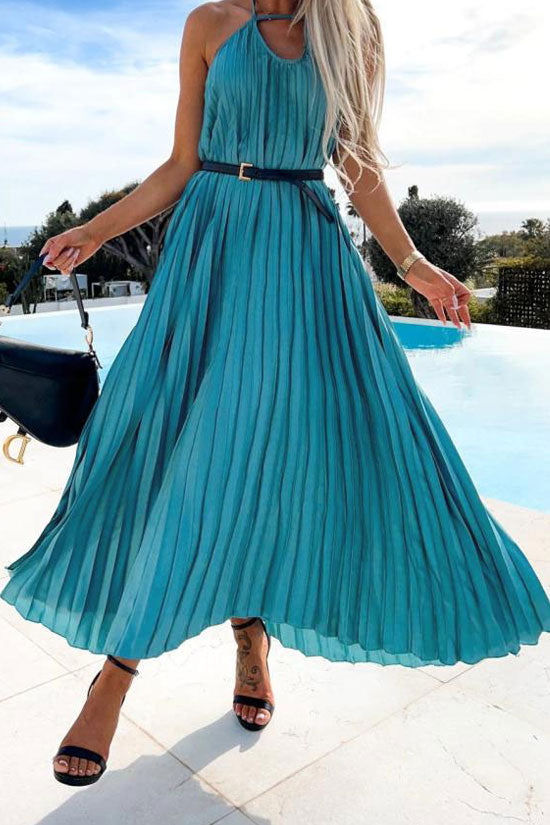 Flowy Halter Smocked Waist A Line Chiffon Pleated Maxi Dress - Azure Blue - Fashionpara