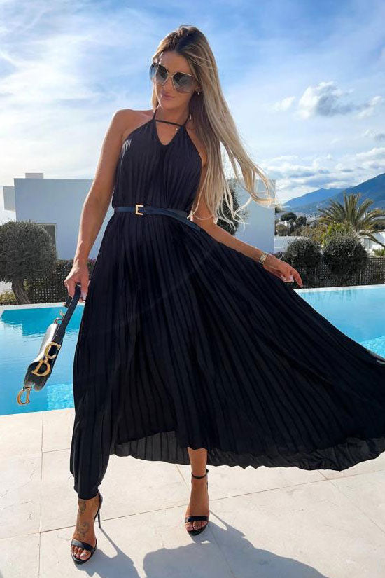 Flowy Halter Smocked Waist A Line Chiffon Pleated Maxi Dress - Black - Fashionpara