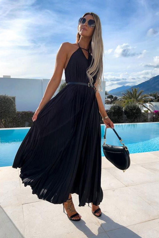 Flowy Halter Smocked Waist A Line Chiffon Pleated Maxi Dress - Black - Fashionpara