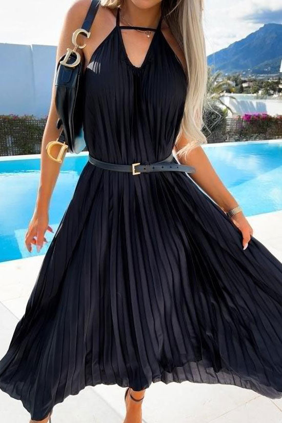 Flowy Halter Smocked Waist A Line Chiffon Pleated Maxi Dress - Black - Fashionpara