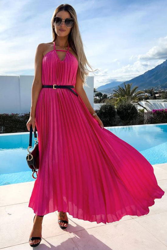 Flowy Halter Smocked Waist A Line Chiffon Pleated Maxi Dress - Rose - Fashionpara