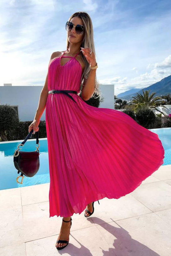 Flowy Halter Smocked Waist A Line Chiffon Pleated Maxi Dress - Rose - Fashionpara