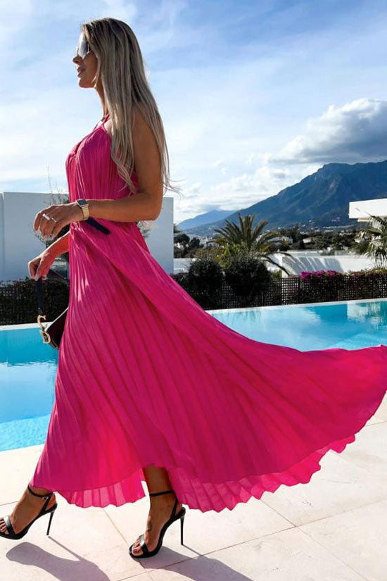 Flowy Halter Smocked Waist A Line Chiffon Pleated Maxi Dress - Rose - Fashionpara