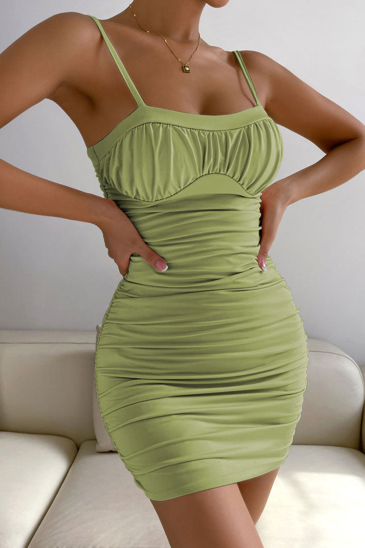 Fresh Sweetheart Neck Ruched Bodycon Sleeveless Party Mini Dress - Grass Green - Fashionpara