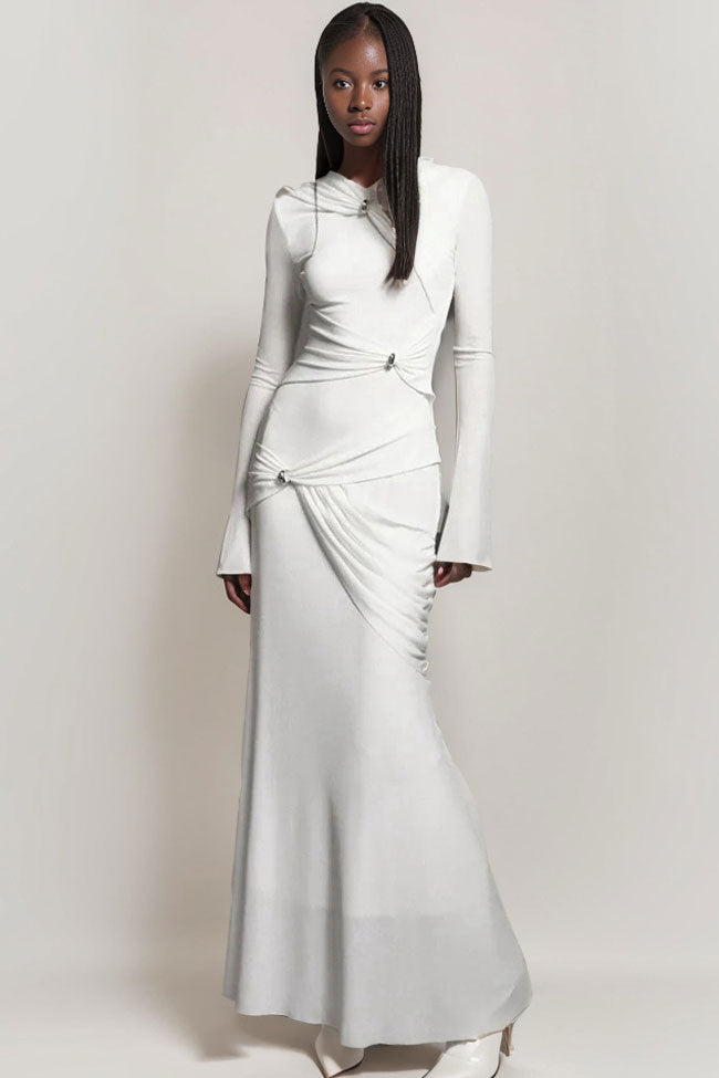 Graceful Metallic Knot Ruched Detail Jersey Evening Maxi Dress - White - Fashionpara