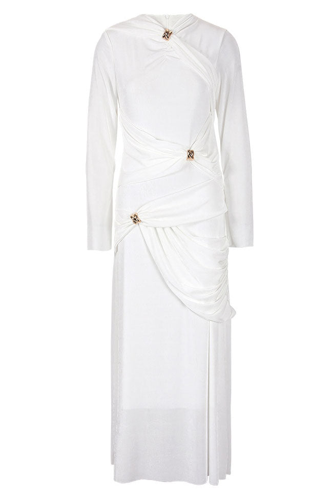 Graceful Metallic Knot Ruched Detail Jersey Evening Maxi Dress - White