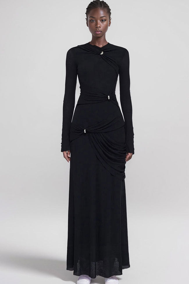 Graceful Metallic Knot Ruched Detail Jersey Evening Maxi Dress - Black - Fashionpara