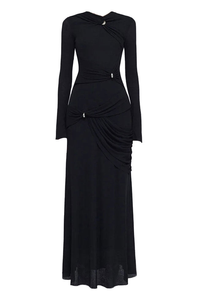 Graceful Metallic Knot Ruched Detail Jersey Evening Maxi Dress - Black - Fashionpara