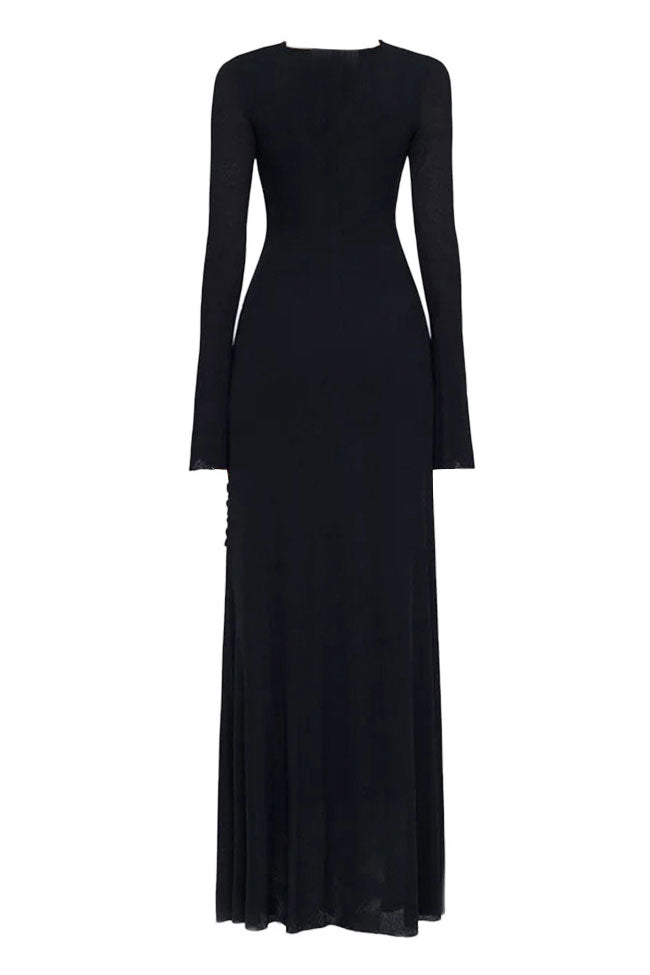 Graceful Metallic Knot Ruched Detail Jersey Evening Maxi Dress - Black - Fashionpara