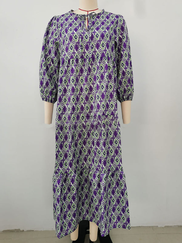 V-neck long-sleeved dress with bohemian print